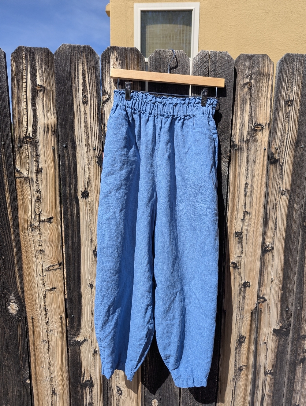Women's Blue Elastic-Waist Linen Harem Pants